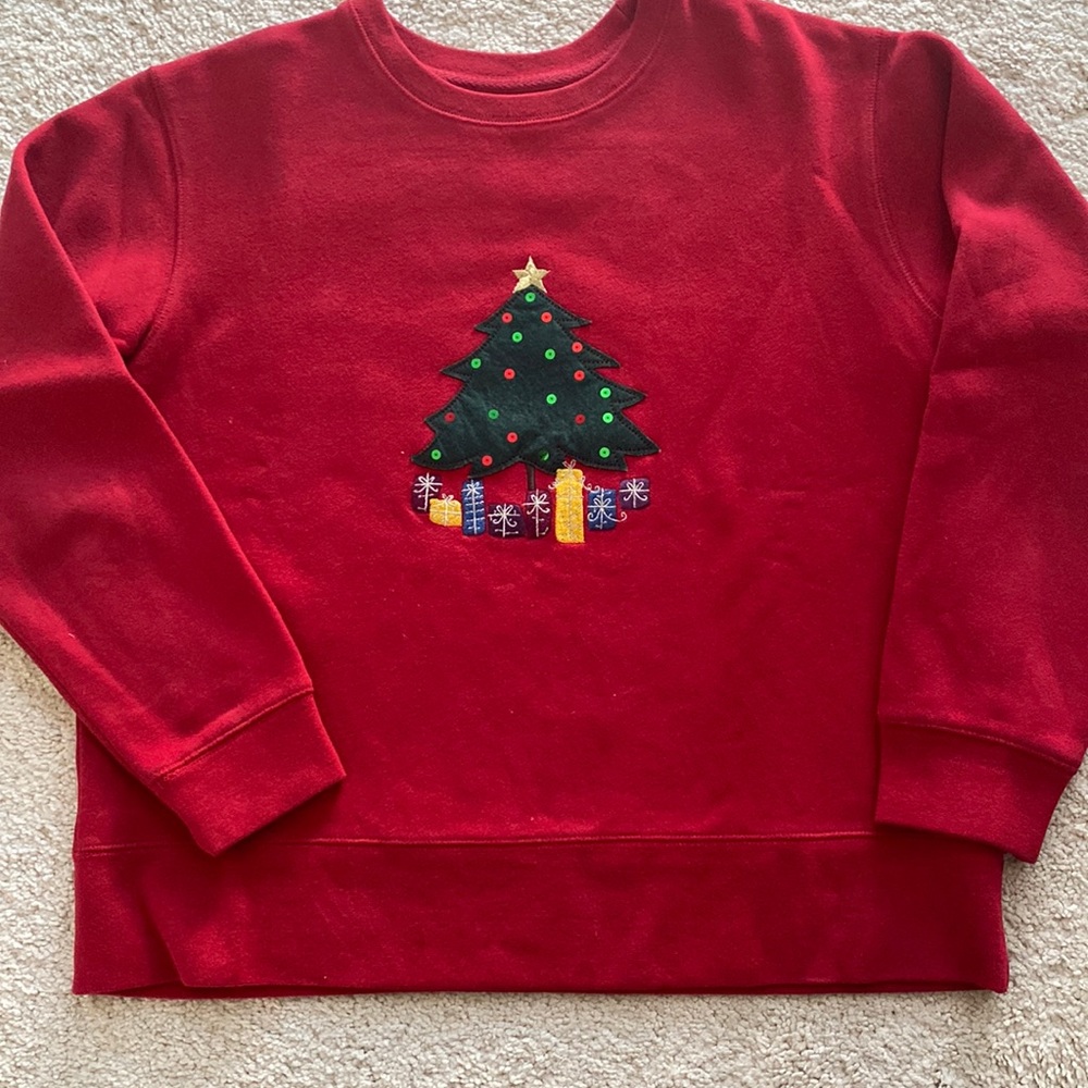 Vintage Christmas Tree appliqué fleece Field Gear top, sz PM